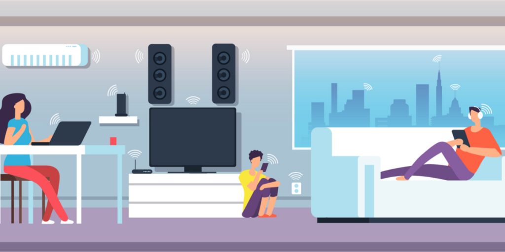 Cartoon picture of a living area in a house with three people each on a wireless device