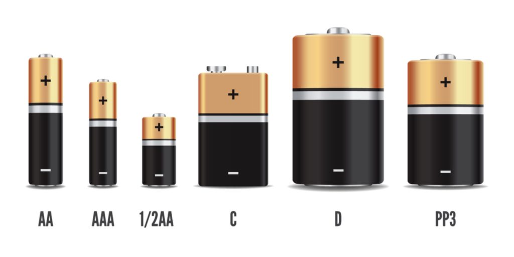 Batteries lined up from left to right of different size with the size labeled below the battery: AA, AAA, 1/2AA, C, D, PP3