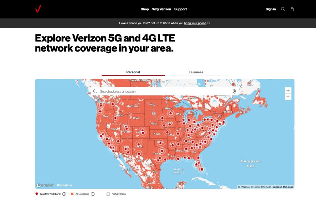 Verizon 5G Coverage map of the US