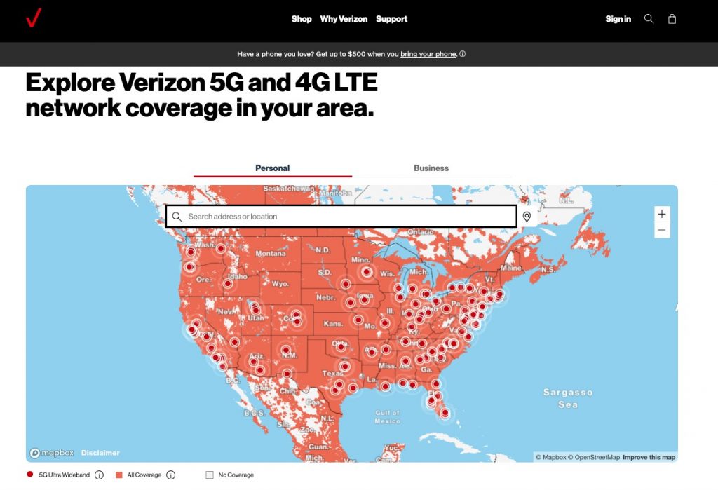 Verizon 5G and 4G Map of the US