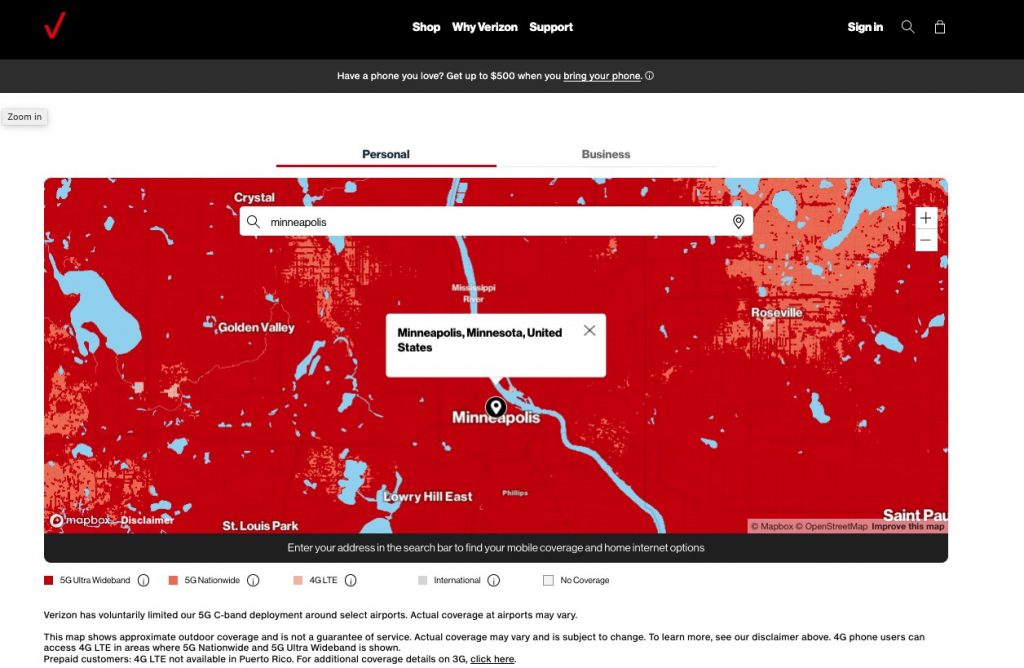 Verizon 5G map of Minneapolis