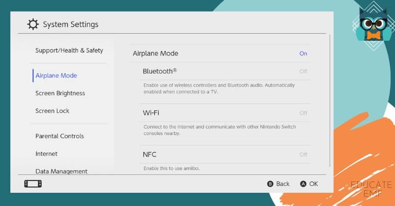 Nintendo Switch Airplane Mode Settings on Console