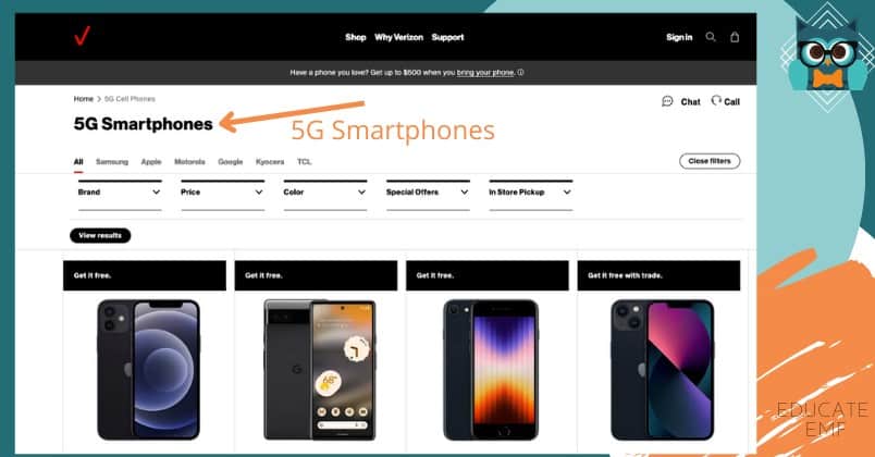 Verizon 5G Enabled Smartphones on Verizon Website